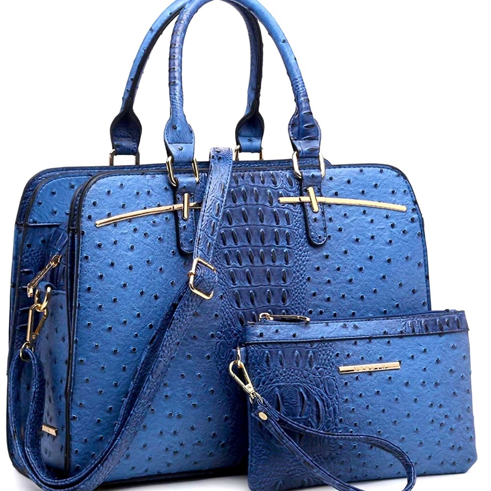 Blue ostrich vegan leather shoulder bag and satchel purse. Fabric lining.